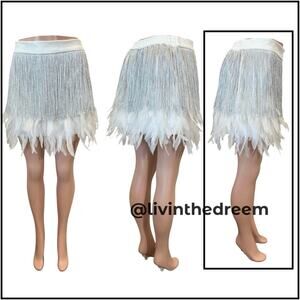 WHITE FEATHER MINI SKIRT WITH SILVER FRINGE SZ L $79